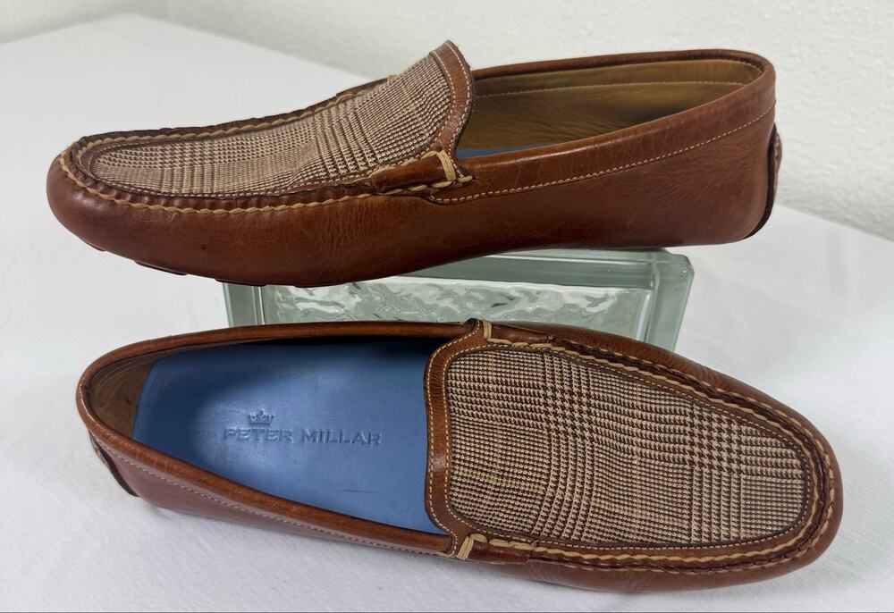 PETER MILLAR Sz 9 Brown Leather Loafers with Glen Plaid Slip on Driving Loafers